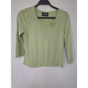Requirements Petite Sweater 3/4 Sleeve Round Neck Light Green Solid Pullover Bow